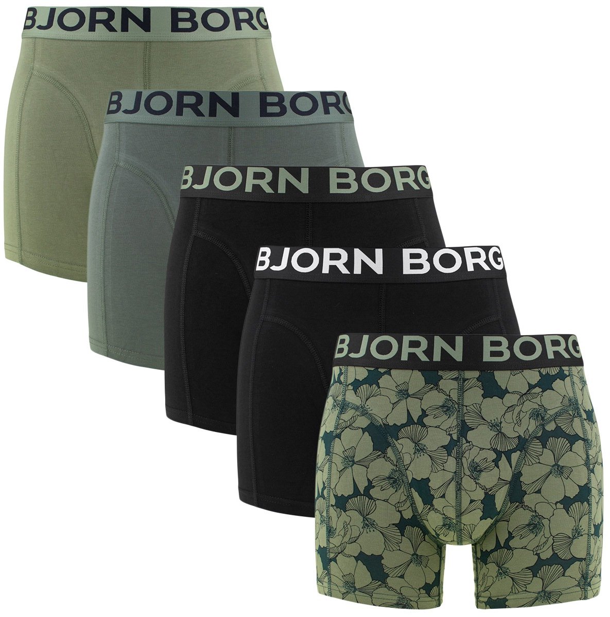 Björn Borg heren premium cotton stretch 5P boxers basic flowers groen & zwart
