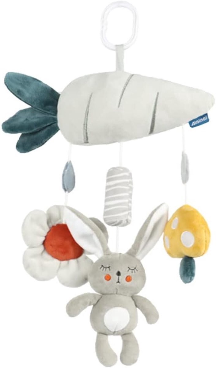 casalora - Hangende dierenspeelgoed - Baby Speelgoed - Boxmobiel - Rammelaar - Buggyaccessoire - Knuffeldier - Voor Babybox,Kinderwagen,Autostoelspeeltje - Vanaf 0 maanden - Konijn - Bloem - Aardbei