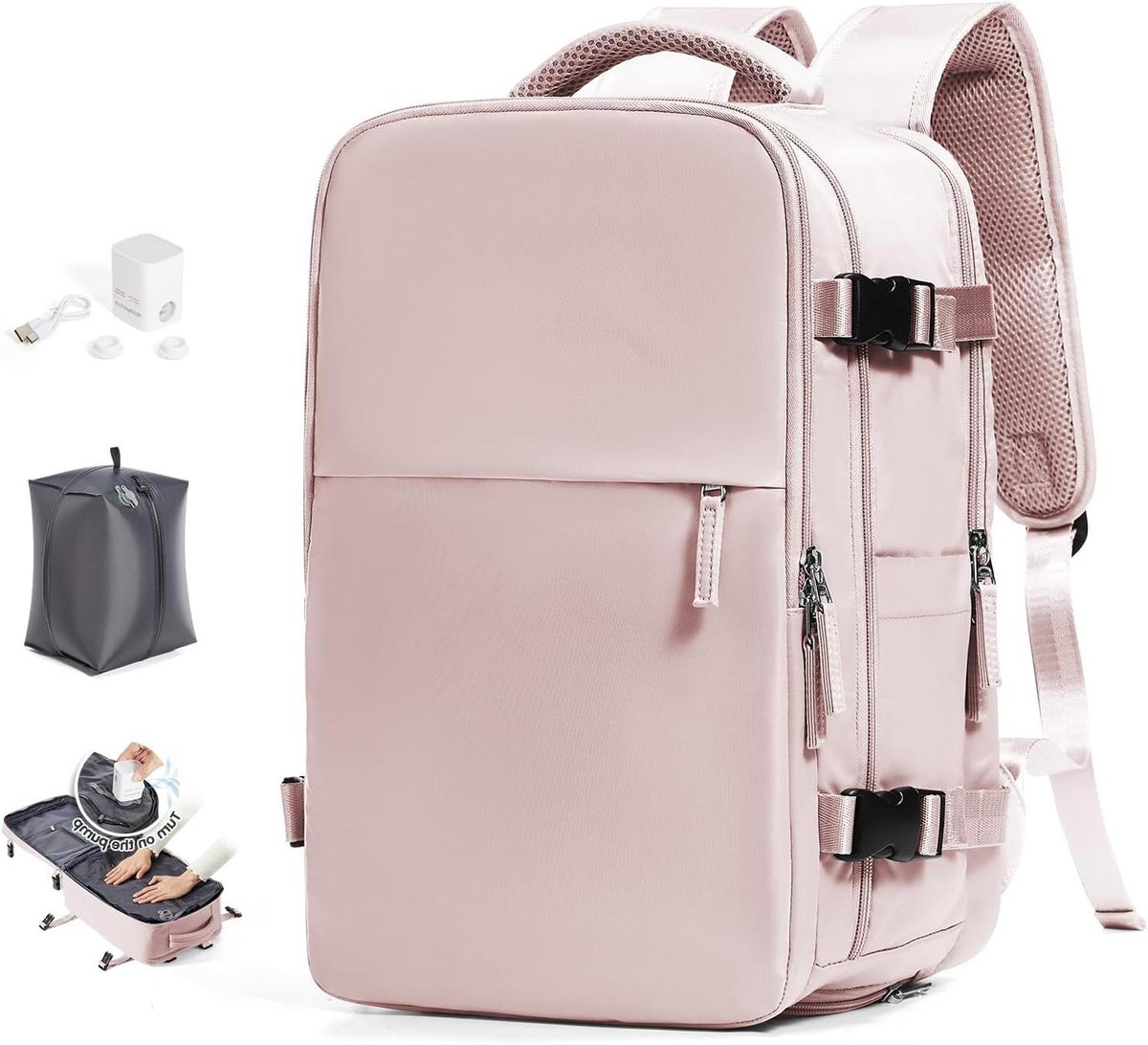 Reisrugzak met pomp - Handbagage tas - Ruimte besparen - Waterdicht vak - 40x30x20cm - Lichtroze
