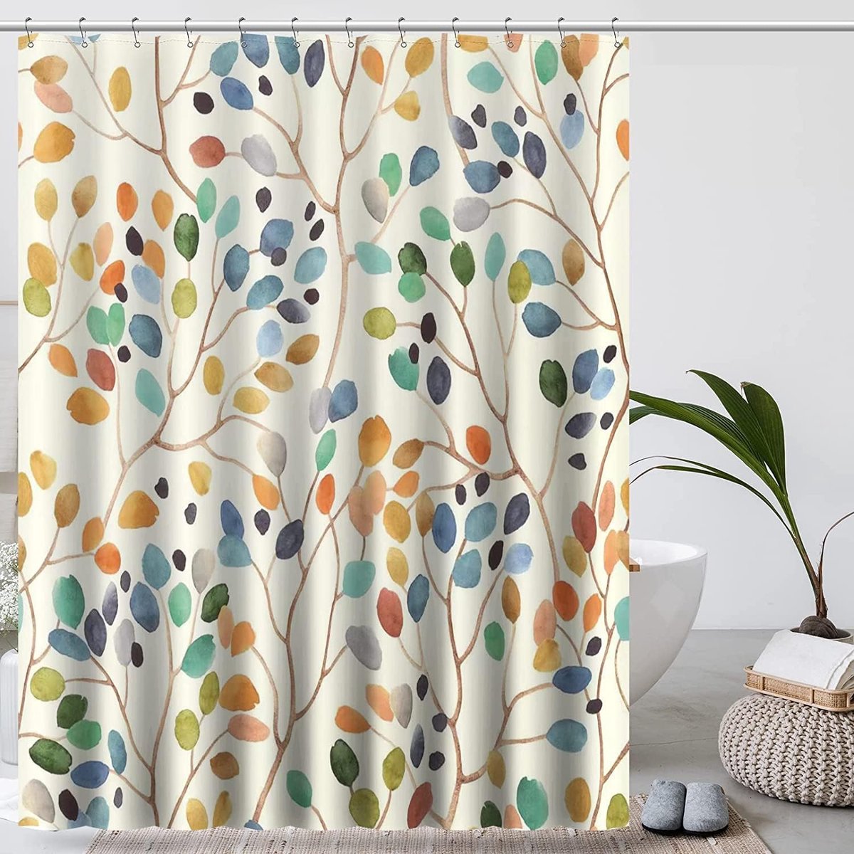 Douchegordijn 180x200 cm - Beige Schimmelwerend Gordijn met Plantenprint - Wasbaar Vintage Textiel Design met Ringetjes - Kleurrijk Douche- en Badgordijn