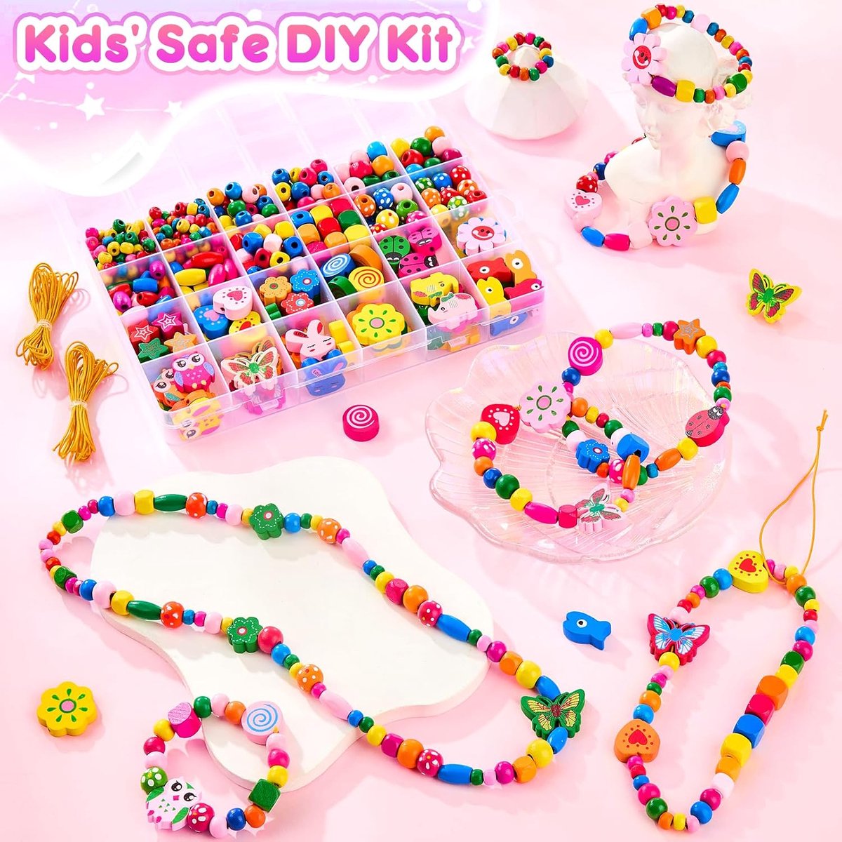 Sieradenset voor Meisjes met Houten Kralen - Met Sieradendoosje - DIY Sieraden Maken voor Kinderen - Knutselset voor Armband & Ketting - Complete Bedelarmband Kit - Doe-het-zelf Kindersieraden - Voo 4-10 Jaar - Creatief Speelgoed — cadeau in Spellen & Speelgoed - foto 7