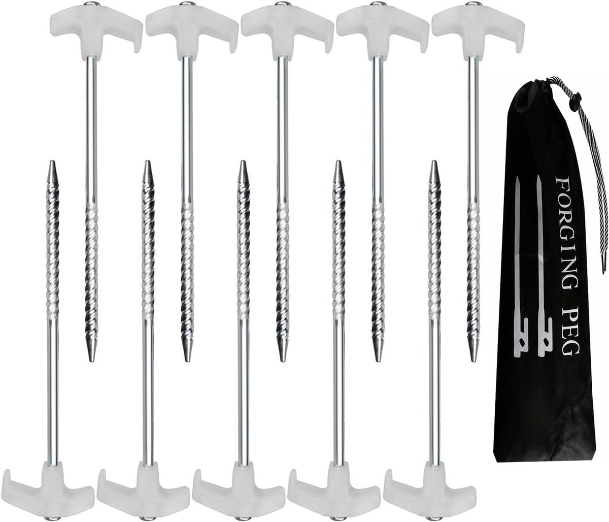 10 Stuks Tentstaken van Gegalvaniseerd Staal met Fluorescente Stopper voor het Opzetten van Camping Tenten en Partytenten, Inclusief Opbergdoos