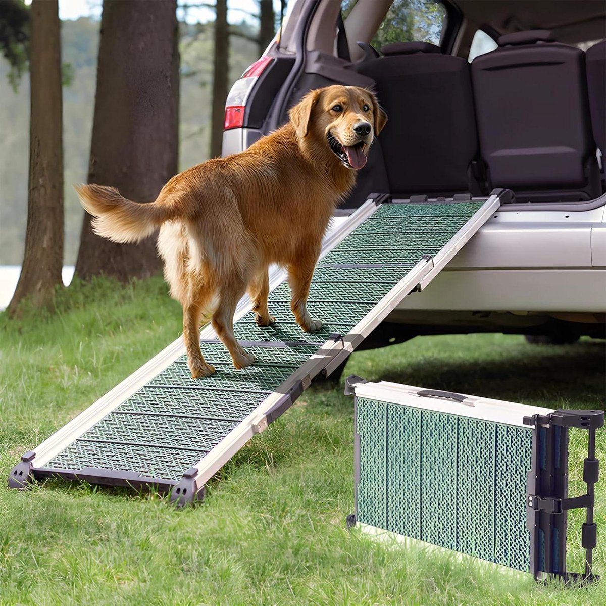 Hondenloopplank Auto - Uitschuifbare Hondenplank - Veilig Instappen - Antislip Oppervlak - 90kg Draagvermogen - Groen