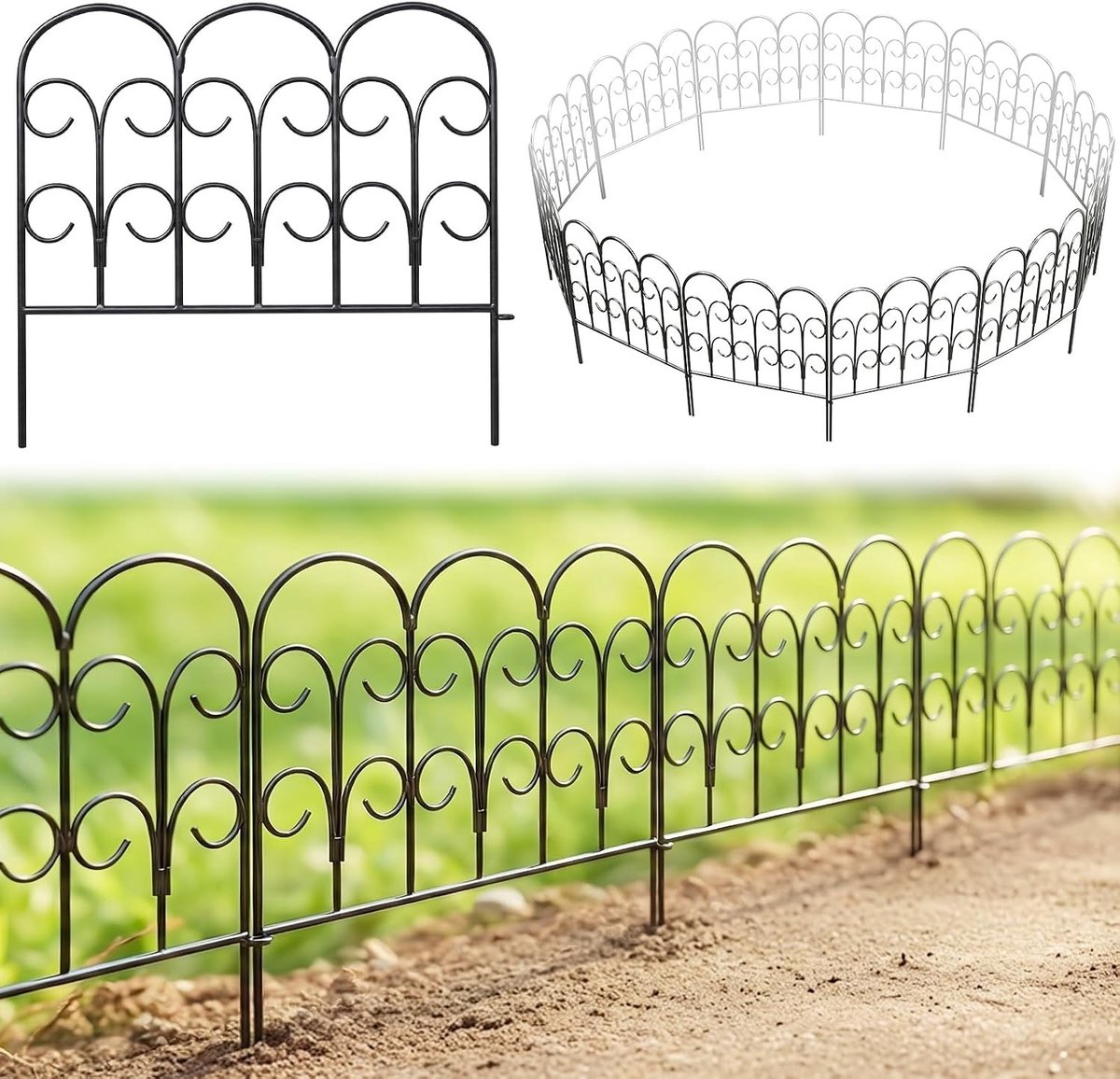 Metalen Tuinhek, 5 Panelen, 40 x 47 cm, Totale Lengte 2.35 m, Grondvrije Dierenbarrière voor Tuin, Bloembed en Pad, Zwart