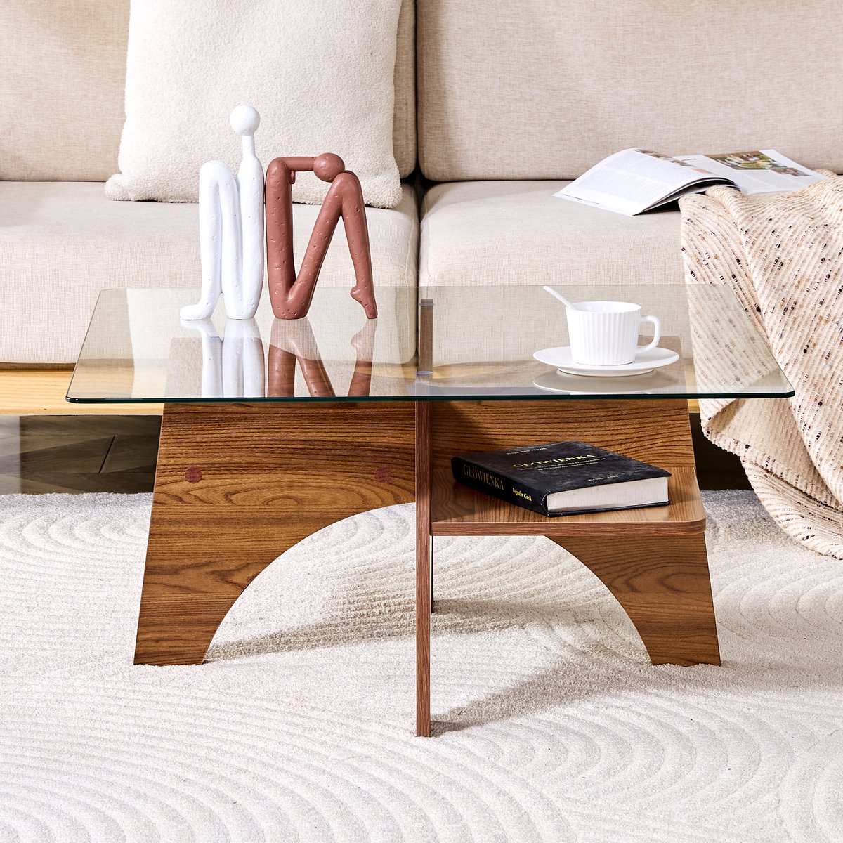 VVBV Vierkante Salontafel 80x80x40 cm - Gehard Glas, Diagonaal MDF-Onderstel, Walnootlook, Hitte- & Stootbestendig