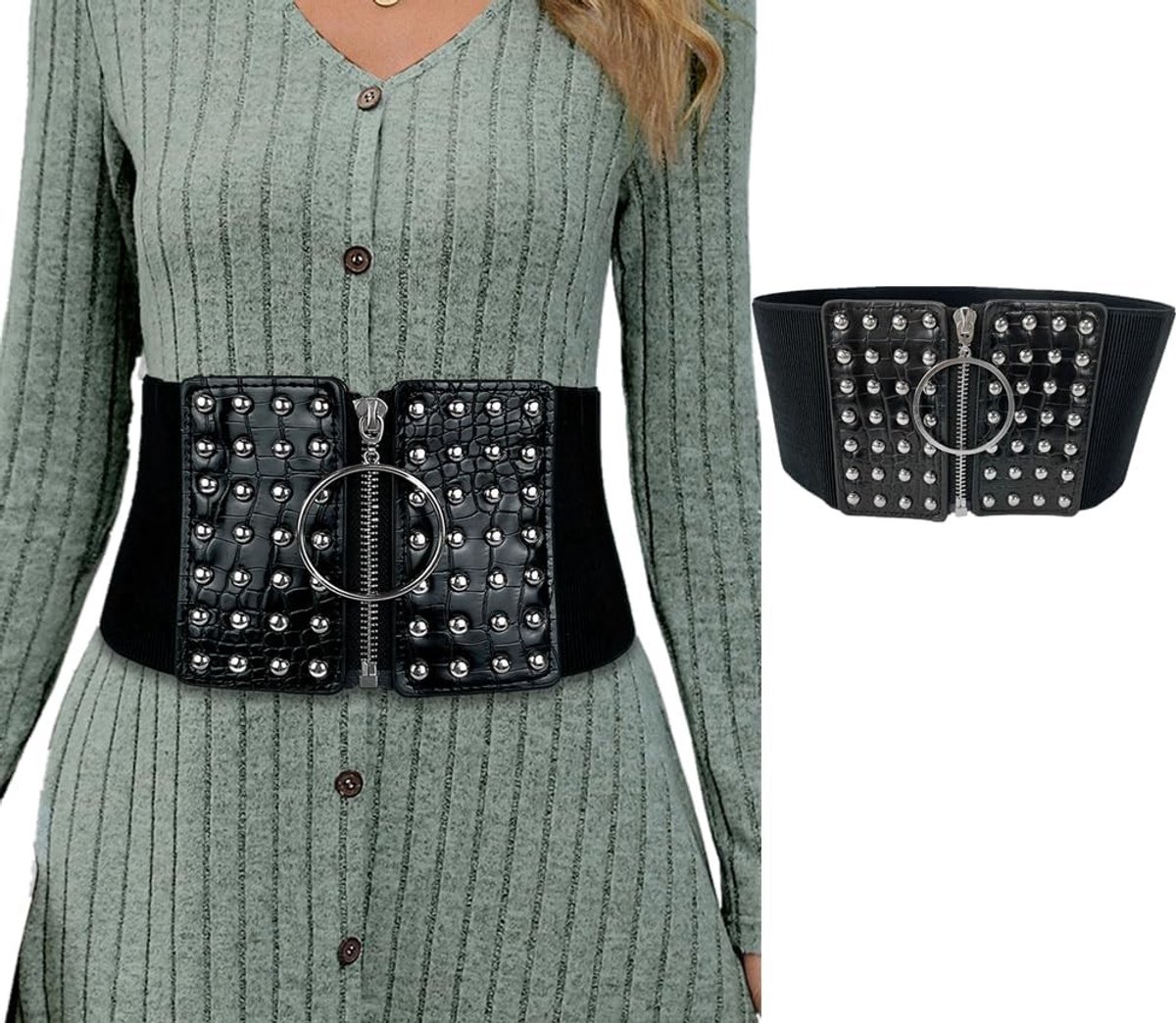 Zwart Brede Corset met Verstelbare Tailleband, Elastisch en Versierd met Grote Nieten en Ritsen, Perfect voor Vrouwelijke Kostuums en Feestelijke Evenementen
