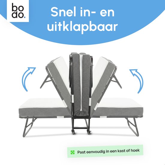 Illustratie van het Bodo opvouwbare bed dat snel in- en uitgeklapt kan worden. Het bed past eenvoudig in een kast of hoek.