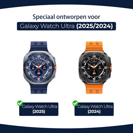 Twee Galaxy Watch Ultra smartwatches, één met donkerblauw en één met oranje band, beide met zilveren rand en oranje accenten.