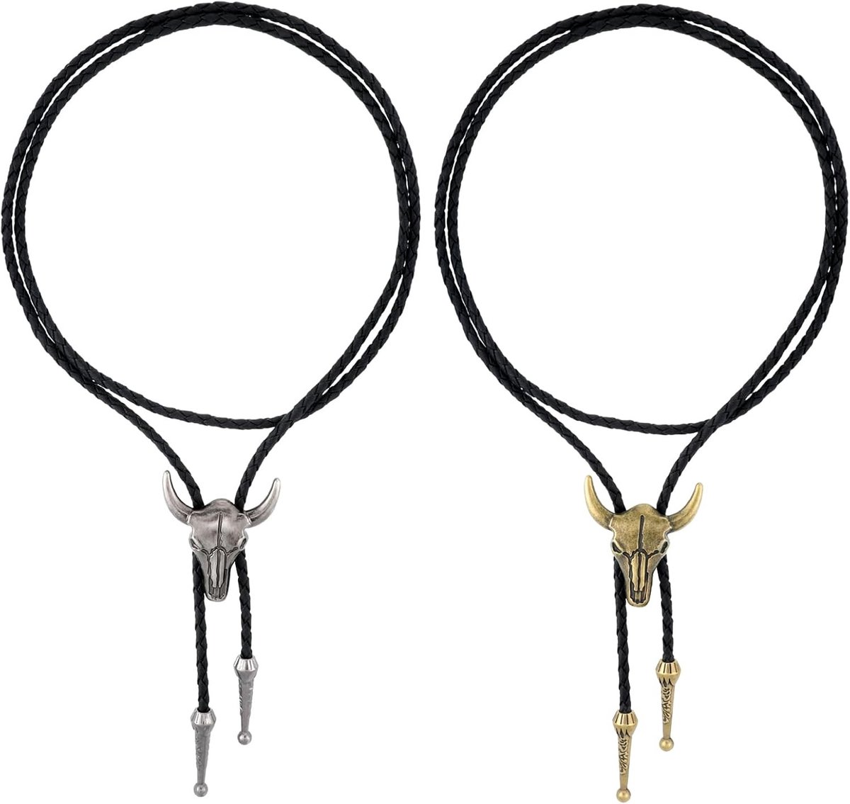 2 Stuks Bolo Tie met Cow Skull Hanger van Zwart Leer voor Cowboy Outfits, Vintage Rodeo Accessoires en Halloween Kostuums voor Mannen en Vrouwen