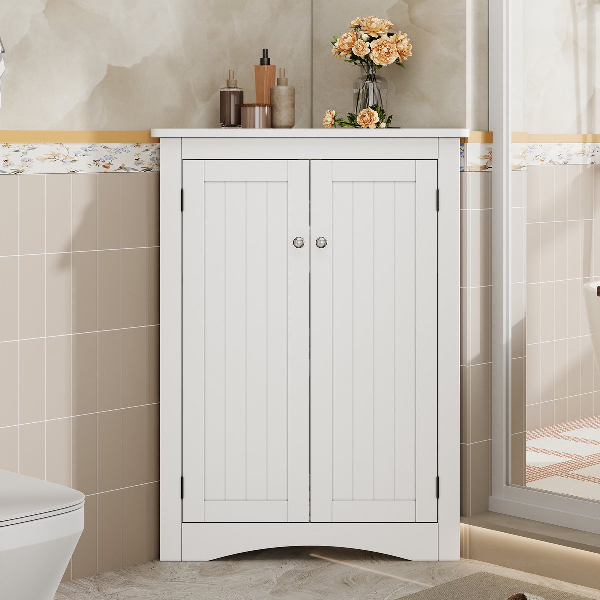 VVBV Hoekkast 61,5x80 cm - 2 Deuren, 3 Niveaus, Vrijstaand, Ruimtebesparend voor Badkamer en Keuken - Wit