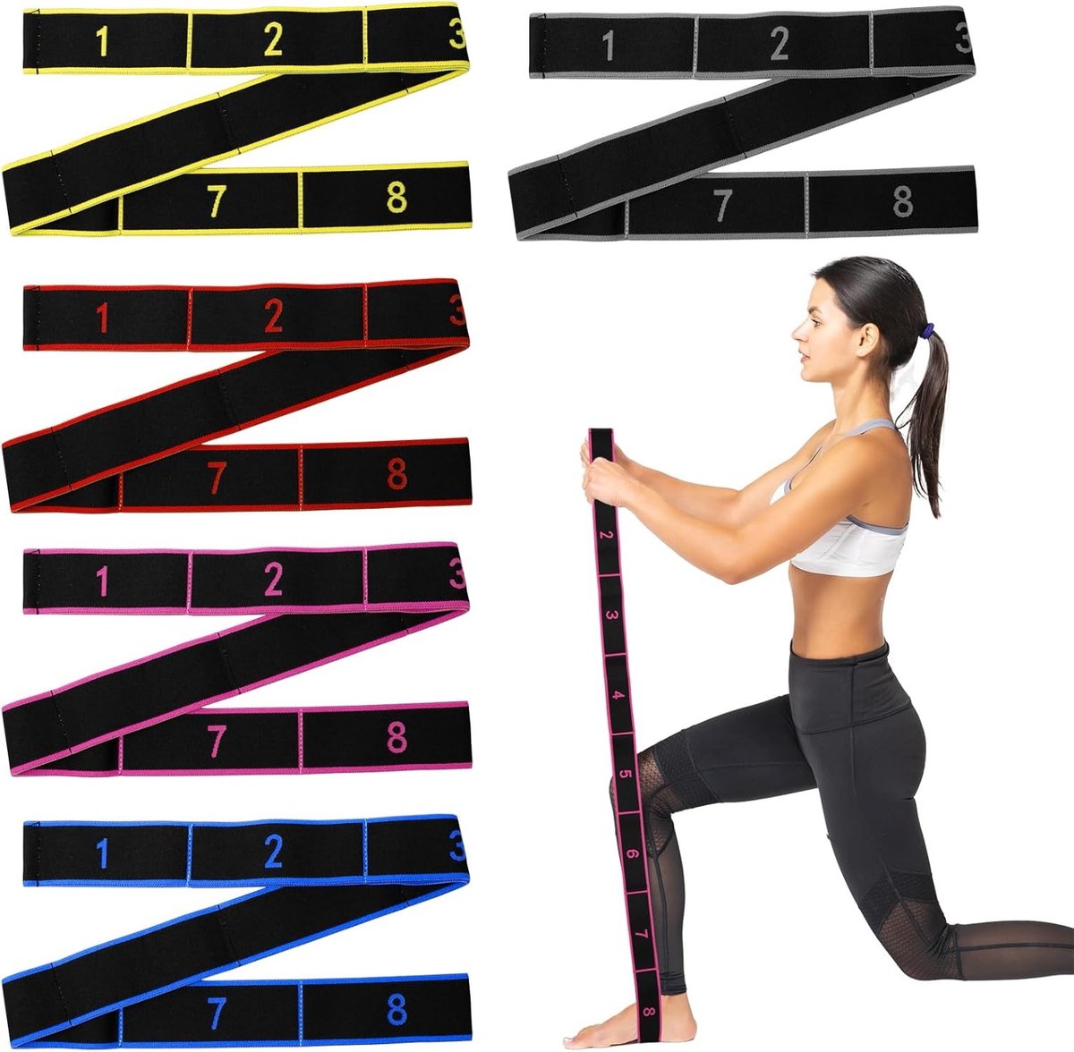 Set van 5 Verstelbare Yoga Stretch Bands met 8 Lussen voor Fitness, Pilates en Dans Training in 5 Kleuren