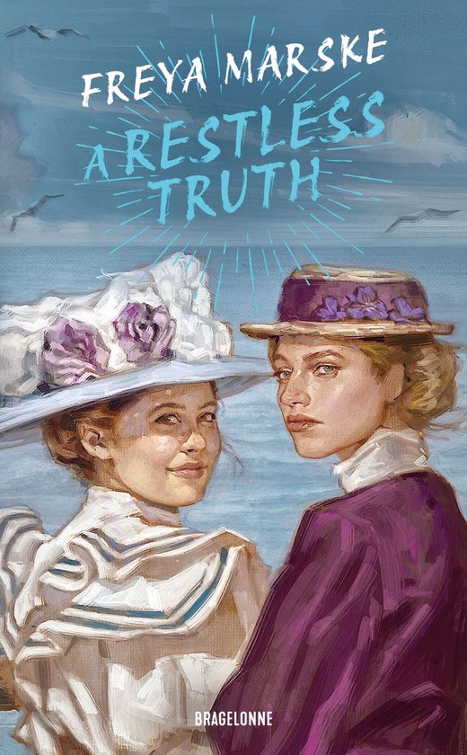 Boekcover met twee vrouwen met hoeden aan zee. Titel: FREYA MARSKE A RESTLESS TRUTH.