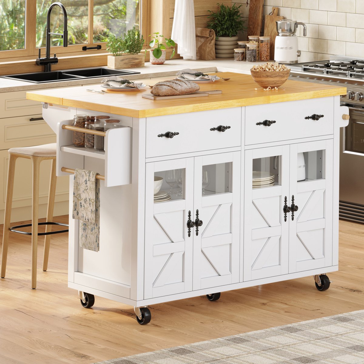 COVREO Keukenisland 140 x 73 x 93,5 cm wit MDF, met wielen en opbergruimte