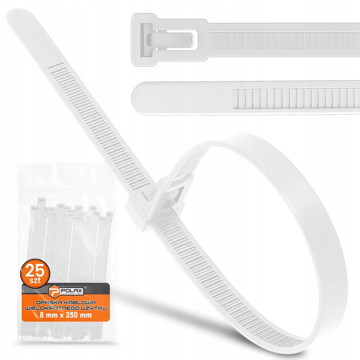 25x Herbruikbare Kabelbinders 8x250mm Wit - Nylon - Snel en Eenvoudig
