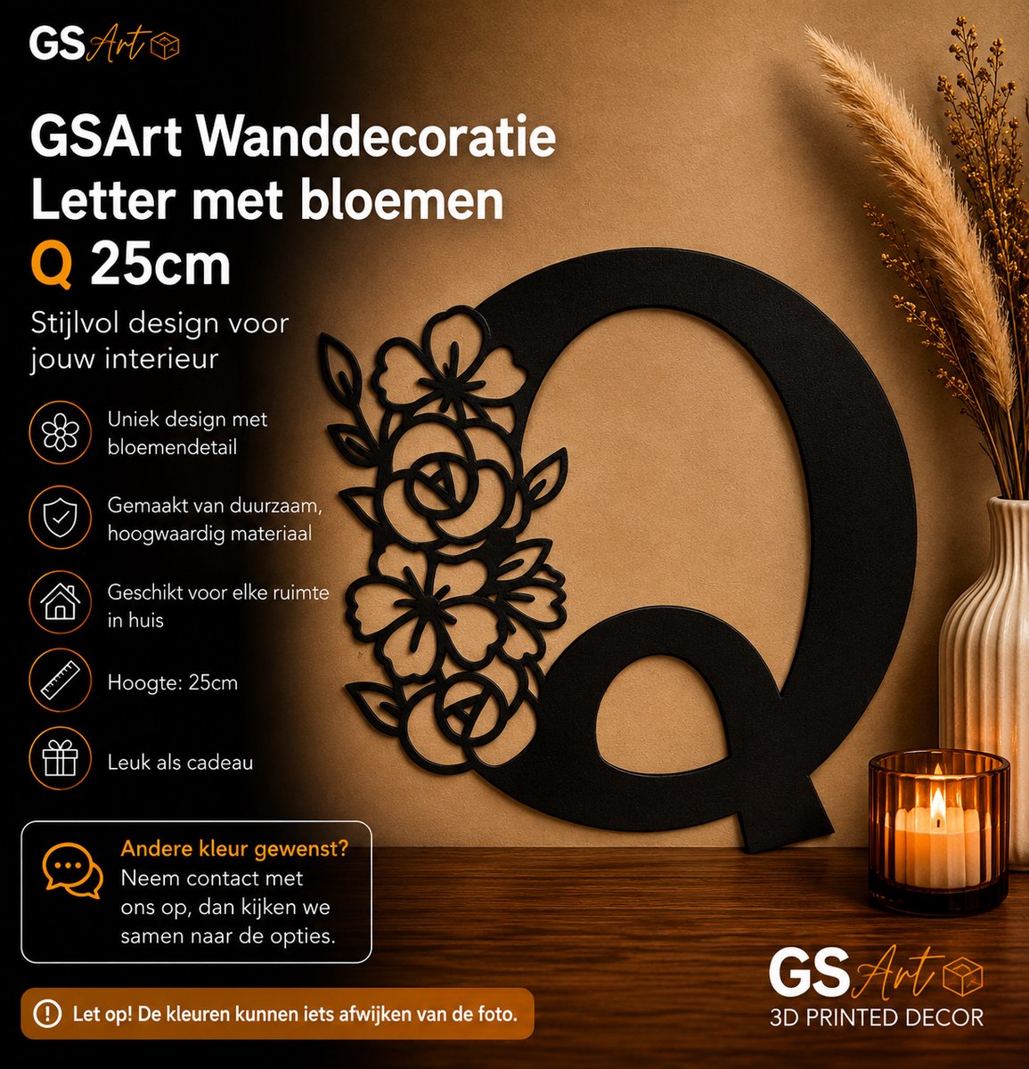GSArt Wanddecoratie Letter met Bloemen – 25 cm - Q