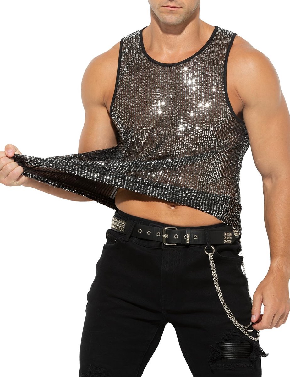 Casey Kevin Pailletten tanktop heren glitter shirt top party outfit mannen rave kostuum metallic tanktop mannen, XL - ShopVlot
