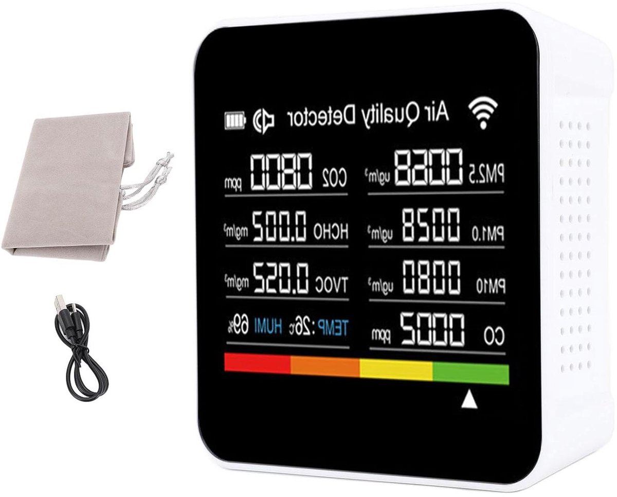 Luchtkwaliteitsmeter - Detector Binnenlucht - Gezond Wonen - 14 Functies WiFi - 2.8 Inch Scherm - Zwart