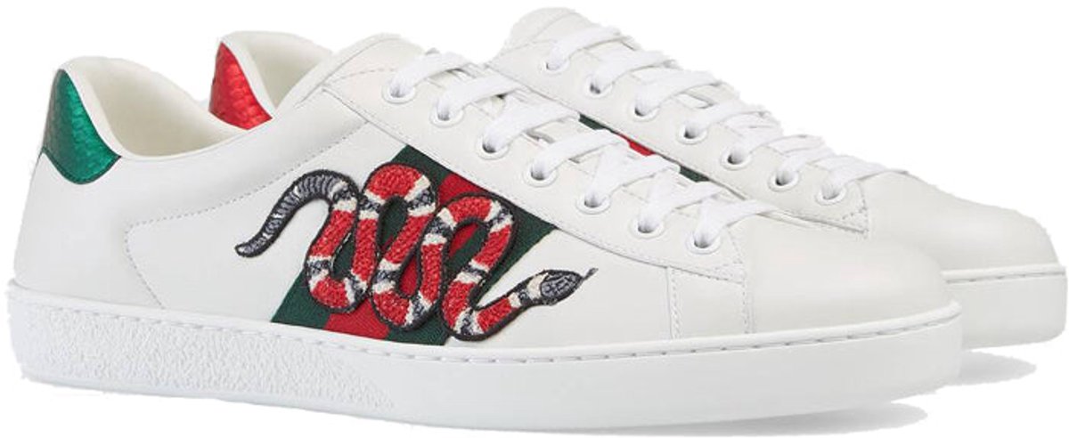 Gucci Ace Embroidered Snake - Sneakers - Maat 42 - White Leather with Snake Embroidery (White/Green/Red) / Wit Groen - Ace - Lifestyle - Heren Sneakers