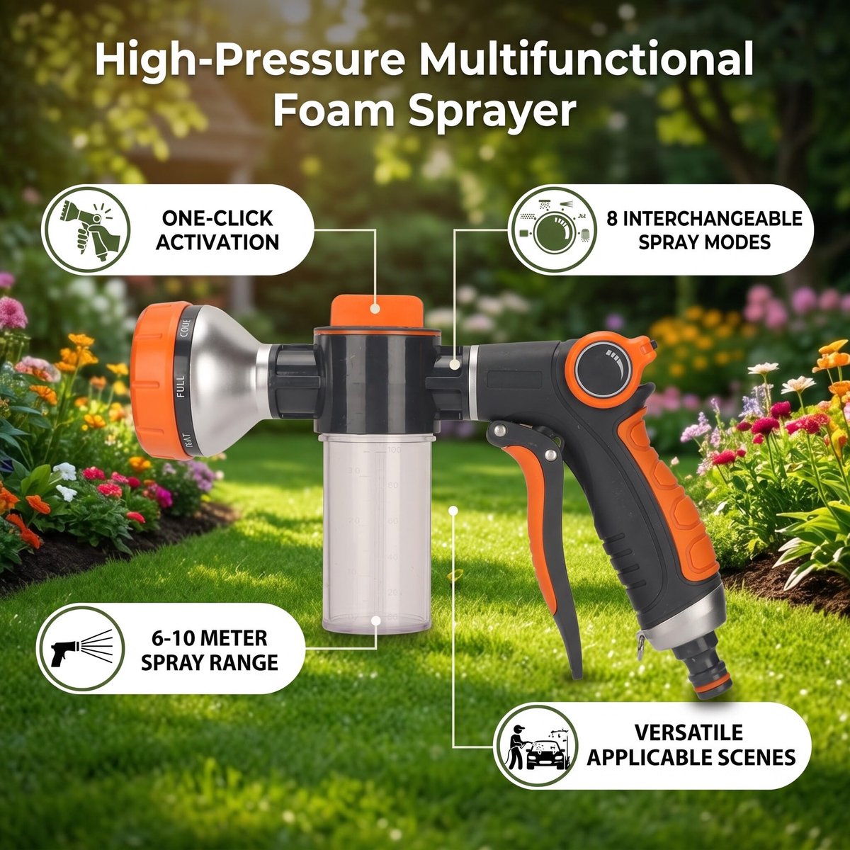Tuinslangspuitpistool, Tuinschuimwatersproeier Autowaterwasmachine Hogedrukslang Schuimsproeier met 8 Modi voor - ShopVlot
