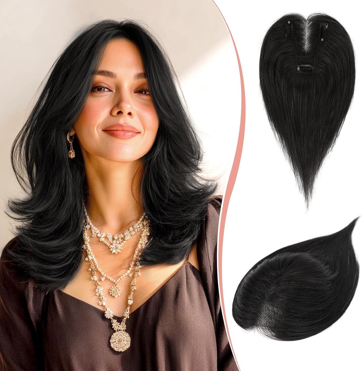 Haarextensions voor Vrouwen, Recht Haarstuk Zonder Pony, Natuurlijke Zwarte Kleur, Volumineuze Look, Gemakkelijk te Stylen