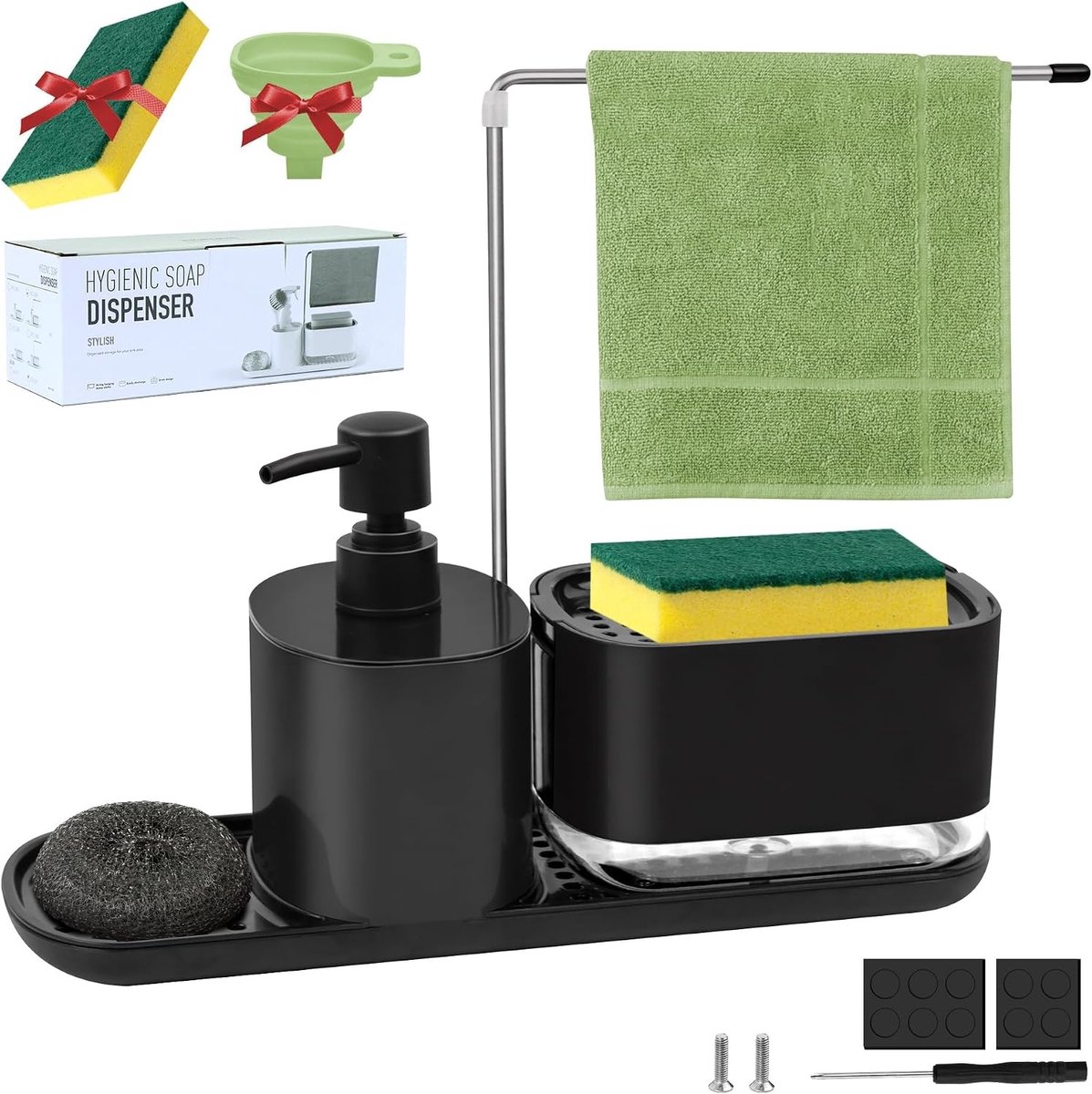 Keuken Organizer voor de Gootsteen met Zeepdispenser, Sponshouder en Navulbare Afwasmiddelhouder in Zwart - Ideaal voor een Opgeruimde Keuken en Efficiënte Afwas