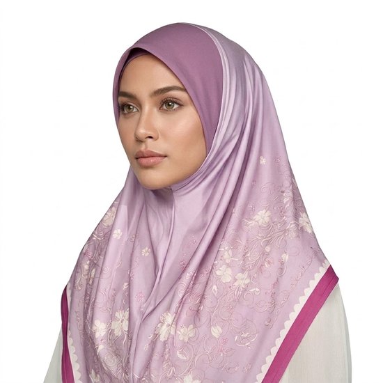Lila hoofddoek met wit bloemenpatroon en een donkerroze gestippelde rand, gedragen door een model.