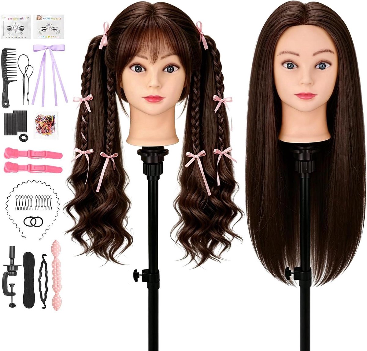Kappershoofd - Oefenhoofd Haar - Haar Stylen - 90% Echt Haar - 60 cm - Donkerbruin