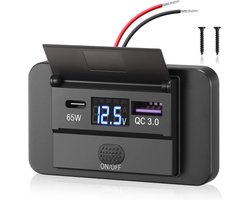 12V USB C Oplaadpoort voor Auto - Snellader 65W PD3.0 en 18W QC3.0 - Waterdicht met Digitale Voltmeter en Schakelaar voor Auto, Boot en Motorhome