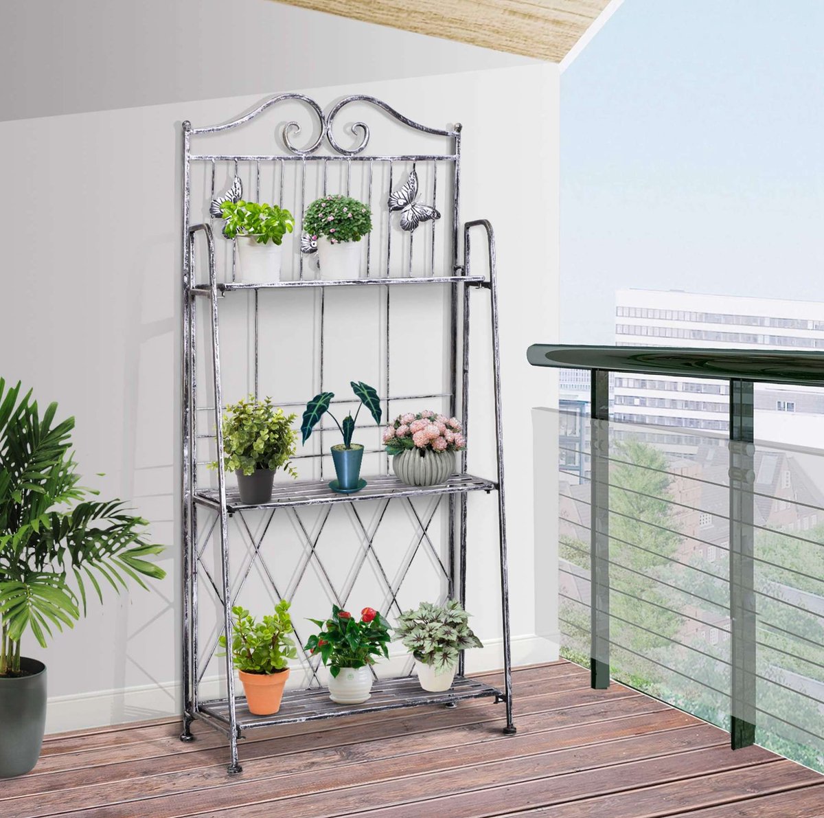 REDOM - Plantenrek - 3 niveaus - Opvouwbaar ontwerp - Decoratieve vlinders - Antieke stijl - Voor binnen & buiten - Metaal - Grijs - 44 x 25 x 96 cm
