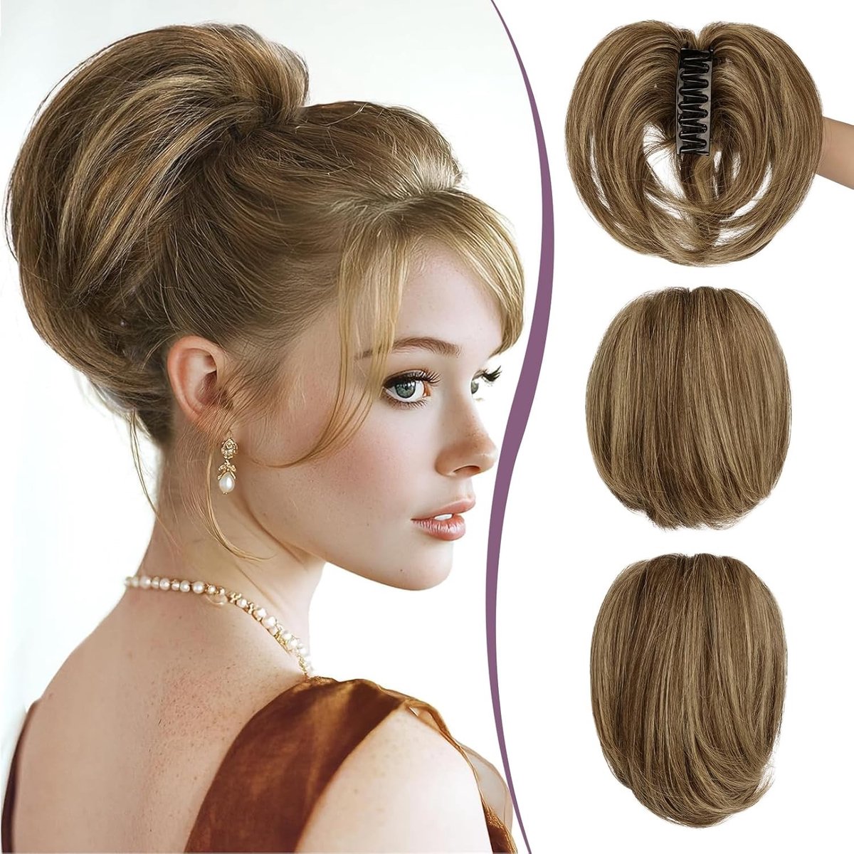 Korte Ponytail van Menselijk Haar 23cm met Buigbare Clip voor DIY Stijlen, Rommelige Bun en Vol Haar voor Vrouwen, Chocoladebruin met Lichte Gouden Highlights