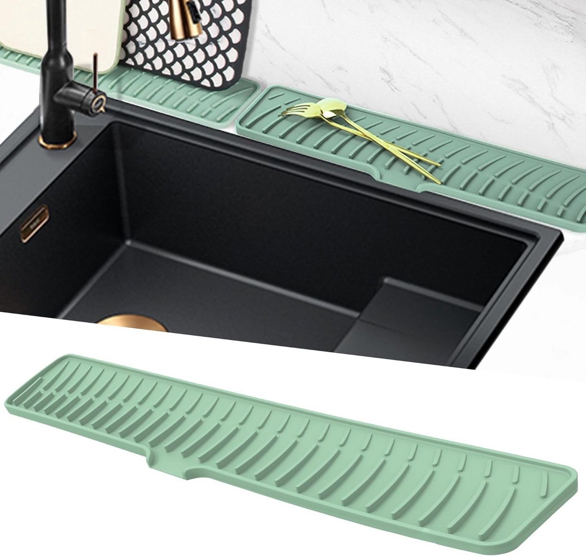 Narrow Sink Splash Guard en Faucet Mat voor Waterafvoer, Antislip Drainage Mat voor Keuken, 60cm Groen