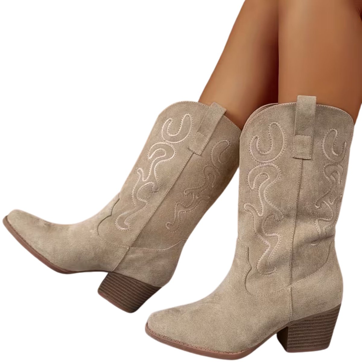 Currero Dames Cowboy Laarzen Hoge Hak Enkellaarzen Kniehoge Western Boots Chelsea 44 Beige