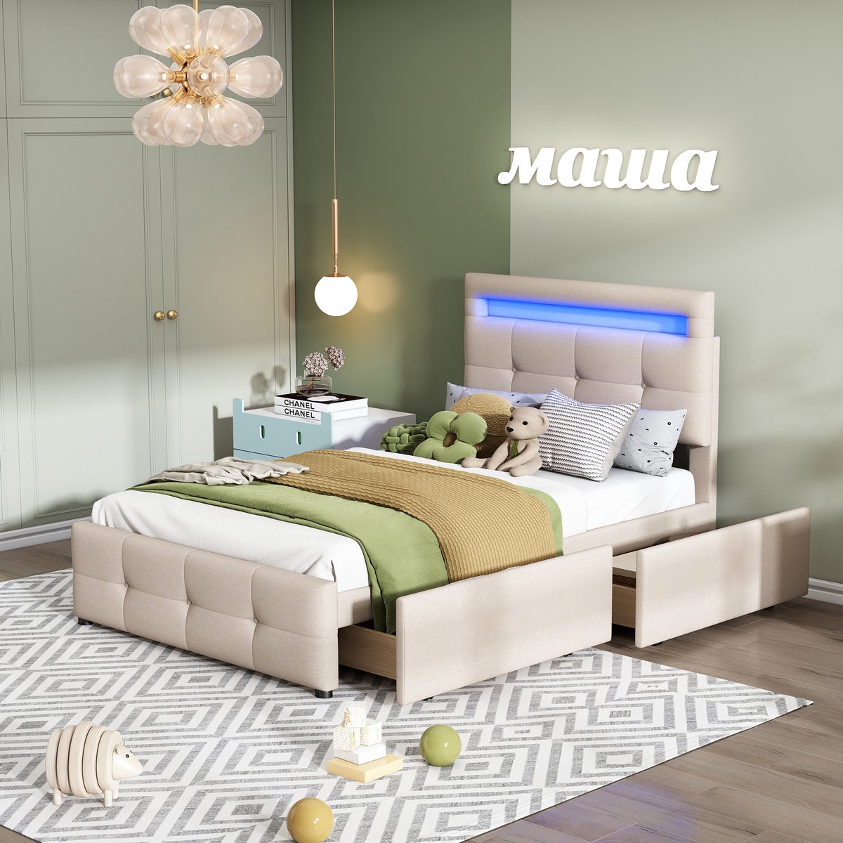 Gepolsterd Kinderbed 90x200 cm - Met Opbergruimte - Met LED-verlichting - Met Lades - Beige