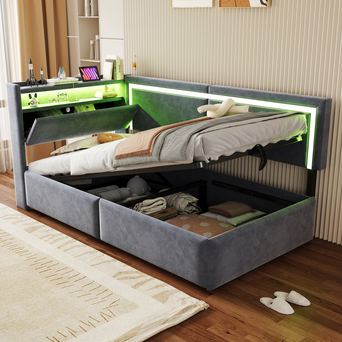 Slaapbank 90x200 cm - Met Opbergruimte - Met LED-verlichting - Met USB-aansluiting - Grijs