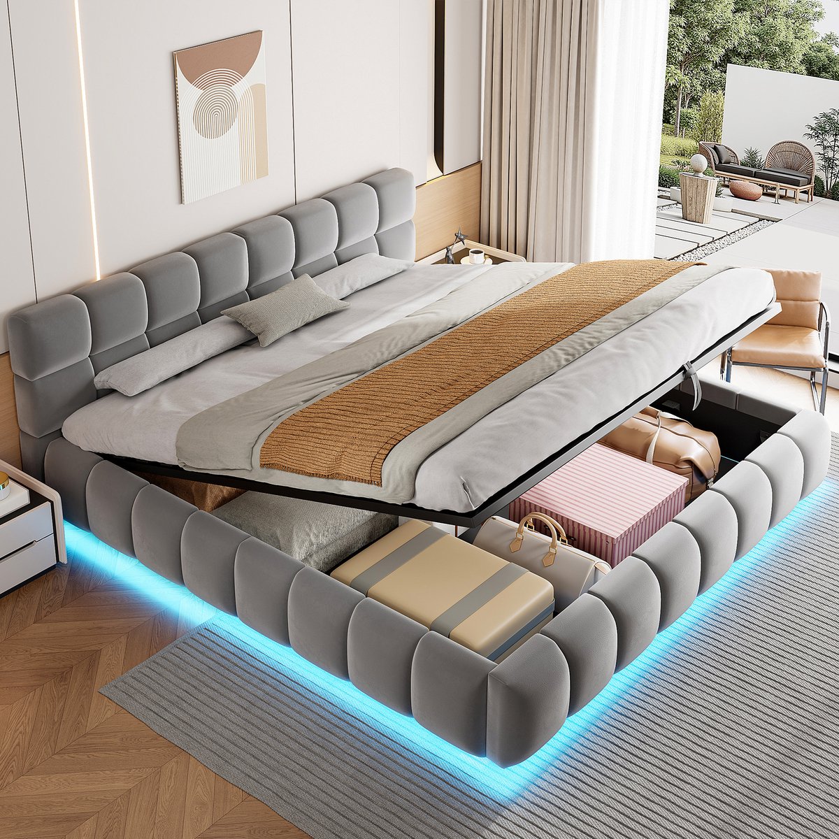 Gepolsterd Bed 180x200 cm - Met Hoofdeinde - Met Fluweel - Met LED-verlichting - Grijs