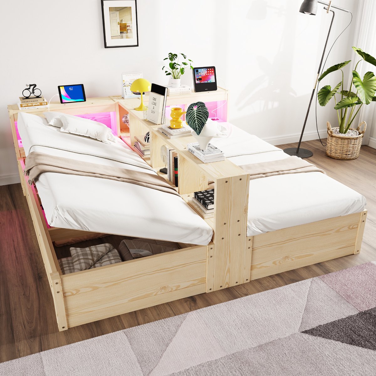 Slaapbank 180x200 cm - Met Opbergruimte - Met LED-verlichting - Met Stopcontact - Naturel Hout