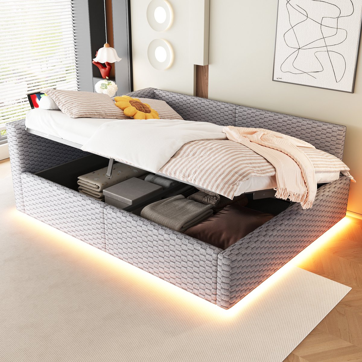 Slaapbank 140x200 cm - Met LED-verlichting - Met USB-aansluiting - Met Fluweel - Grijs