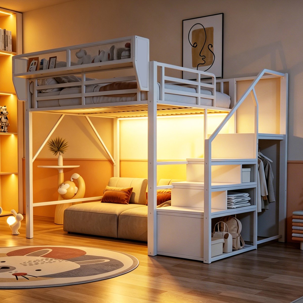 Stapelbed 140x200 cm - Met Ladder - Met Opbergruimte - Met LED-verlichting - Wit