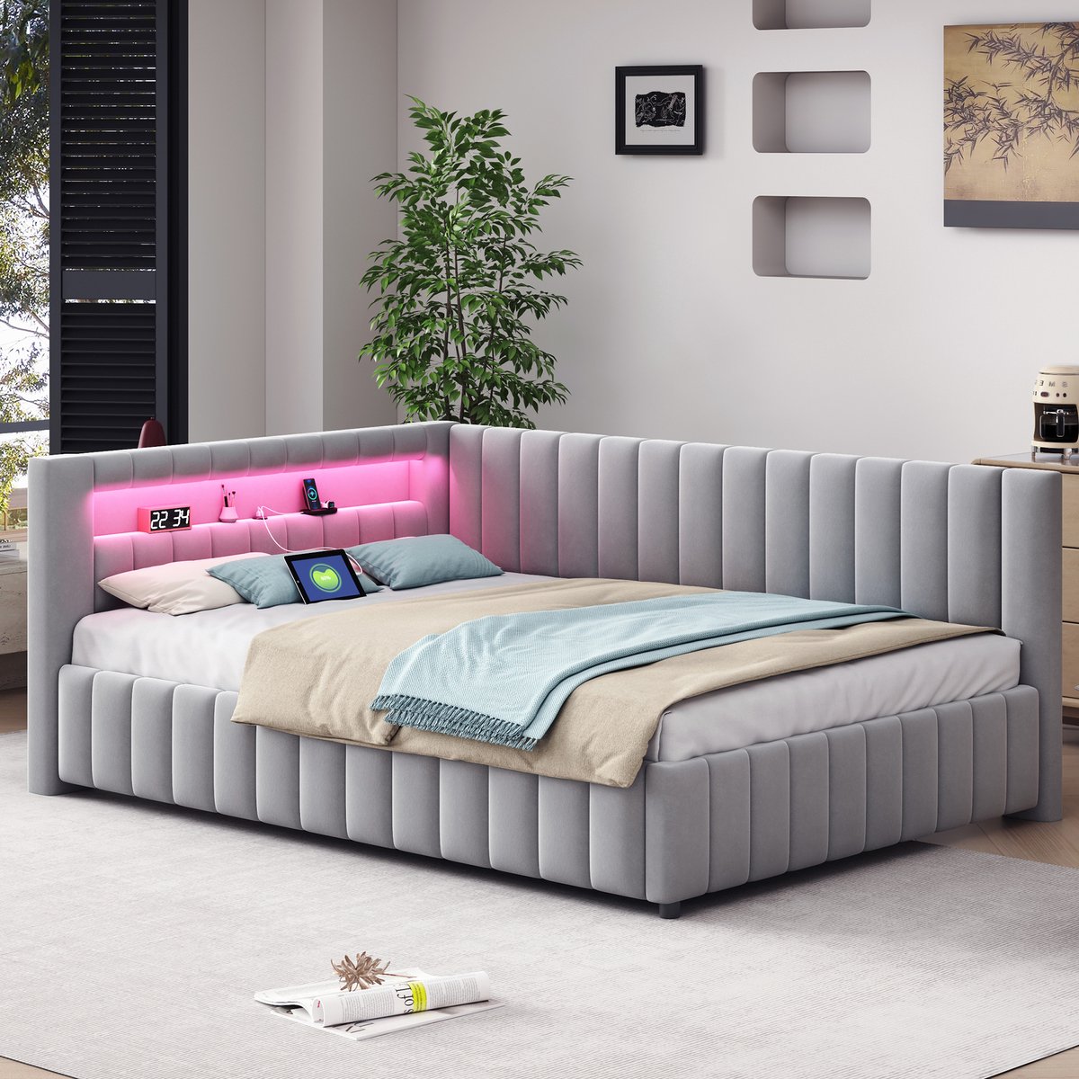 Slaapbank 140x200 cm - Met LED-verlichting - Met USB-aansluiting - Met Hoofdeinde - Grijs