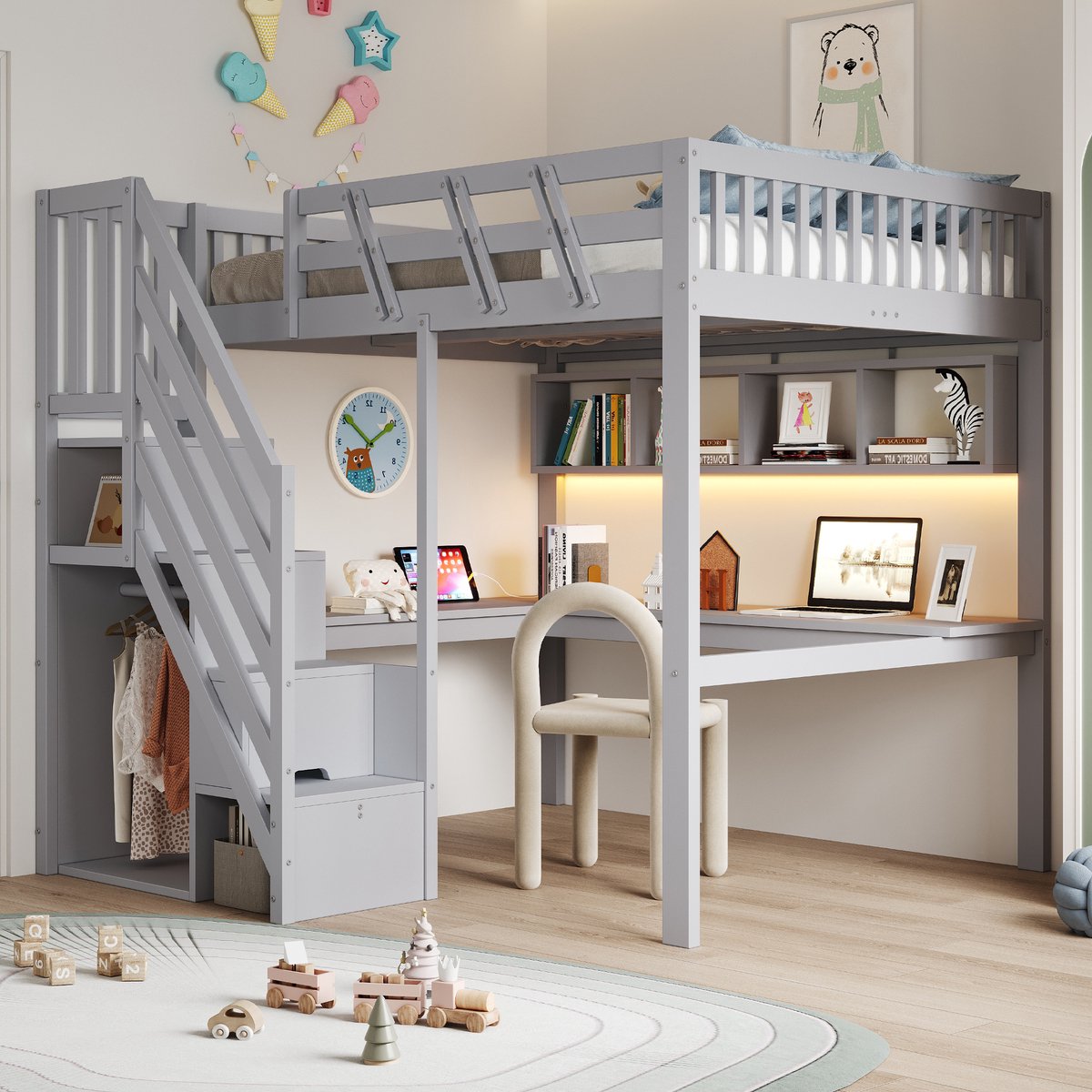 Zubaliya Houten Kinderbed 140x200 cm Grijs Met LED-verlichting, USB-oplaadpunt, Opbergruimte