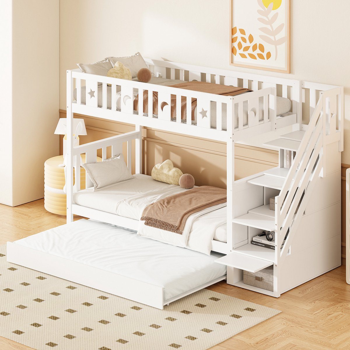 Stapelbed 90x190 cm - Met Opbergruimte - Uitschuifbaar - Met Valbeveiliging - Met Fluweel - Wit