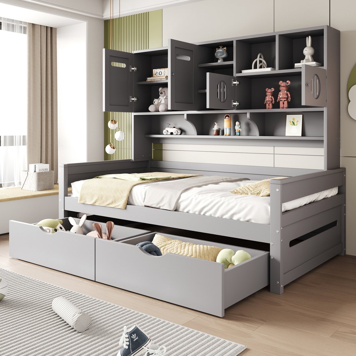 Slaapbank 90x200 cm - Met Opbergruimte - Met Kledingkast - Met Lades - Grijs