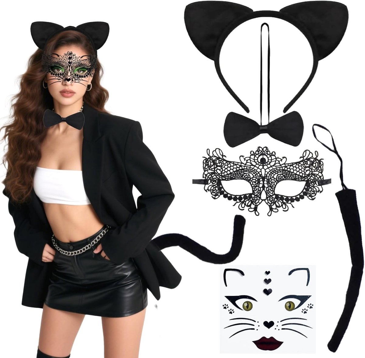 Vrouwelijke Kattenoor Haarband, 5-delig Kostuumset met Kantmasker en Staartaccessoire voor Carnaval, Verkleedfeest en Themafeest