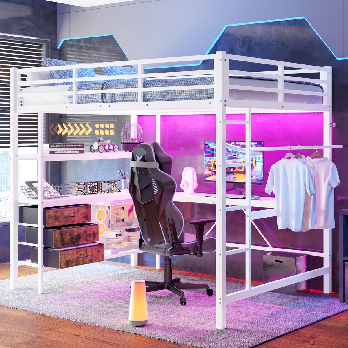 Hoogslaper 140x200 cm met bureau, LED, stopcontact en USB - complete studeer- en slaapplek voor tiener of student - wit - 3 laden, legplanken en kledingrek - veiligheidsrek en trap