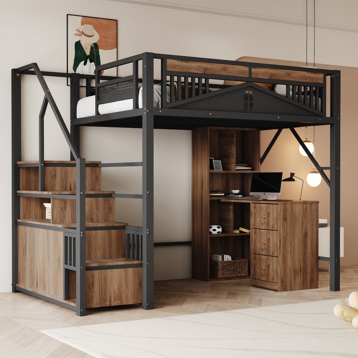 Metalen hoogslaper met raamdesign en opbergtrap - kinderkamer en tienerkamer - 140x200 cm eenpersoons - zwart - uniek patchwork veiligheidsrek met raam - trap met opbergkastjes per trede - ruime vrije ruimte onder het bed