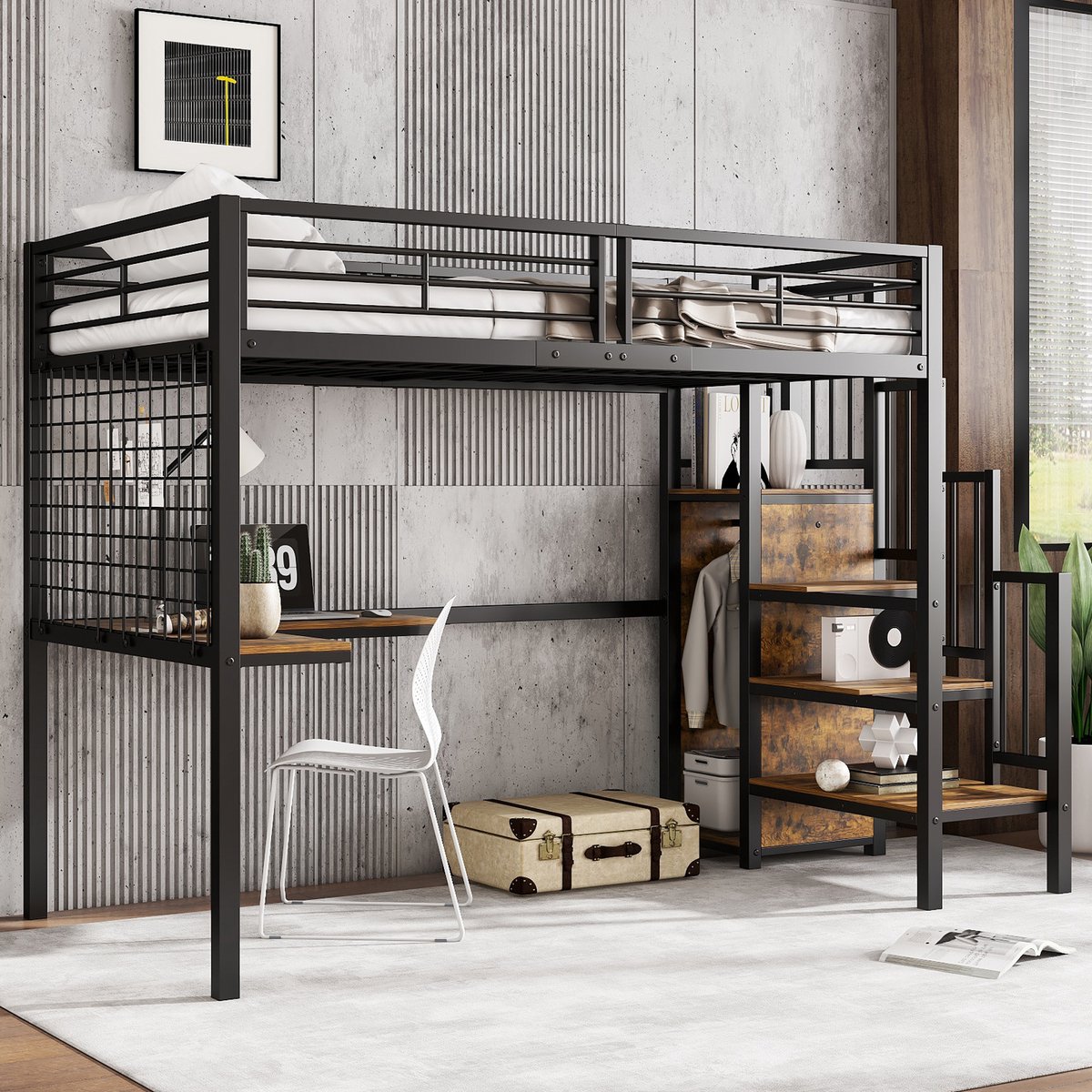 Metalen hoogslaper met bureau en kledingkast - compact voor kinderkamer en tienerkamer - 90x200 cm eenpersoons - zwart met donkere houtlook - EN 747 gecertificeerd - stevige ladder met handgreep