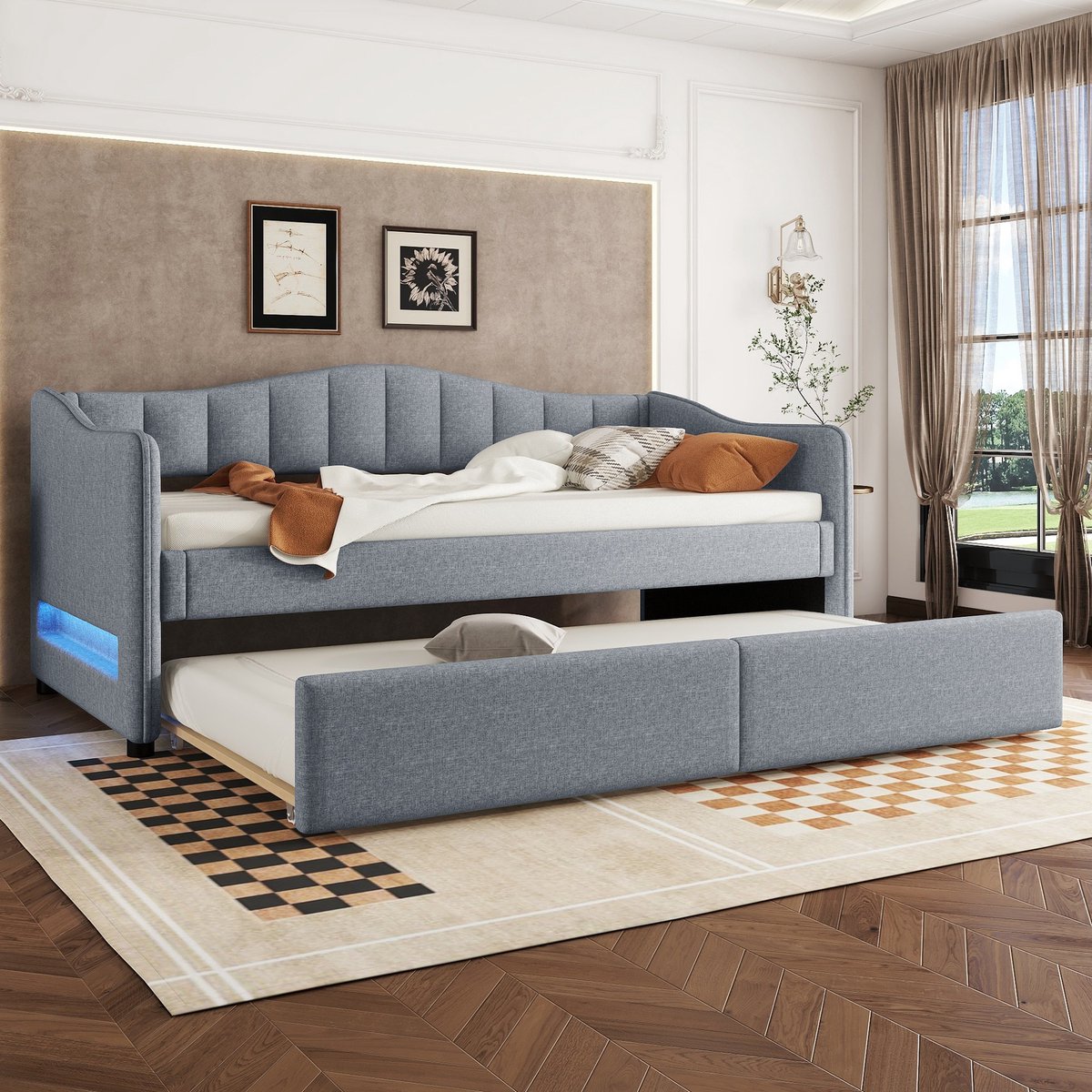 Dagbed met uitschuifbed en LED-sfeerverlichting - compact slaapbank - 90x200 cm eenpersoons - grijs - minimalistisch design in linnen - met app-gestuurde omgevingsverlichting - uitschuifbaar tot 180x200 cm