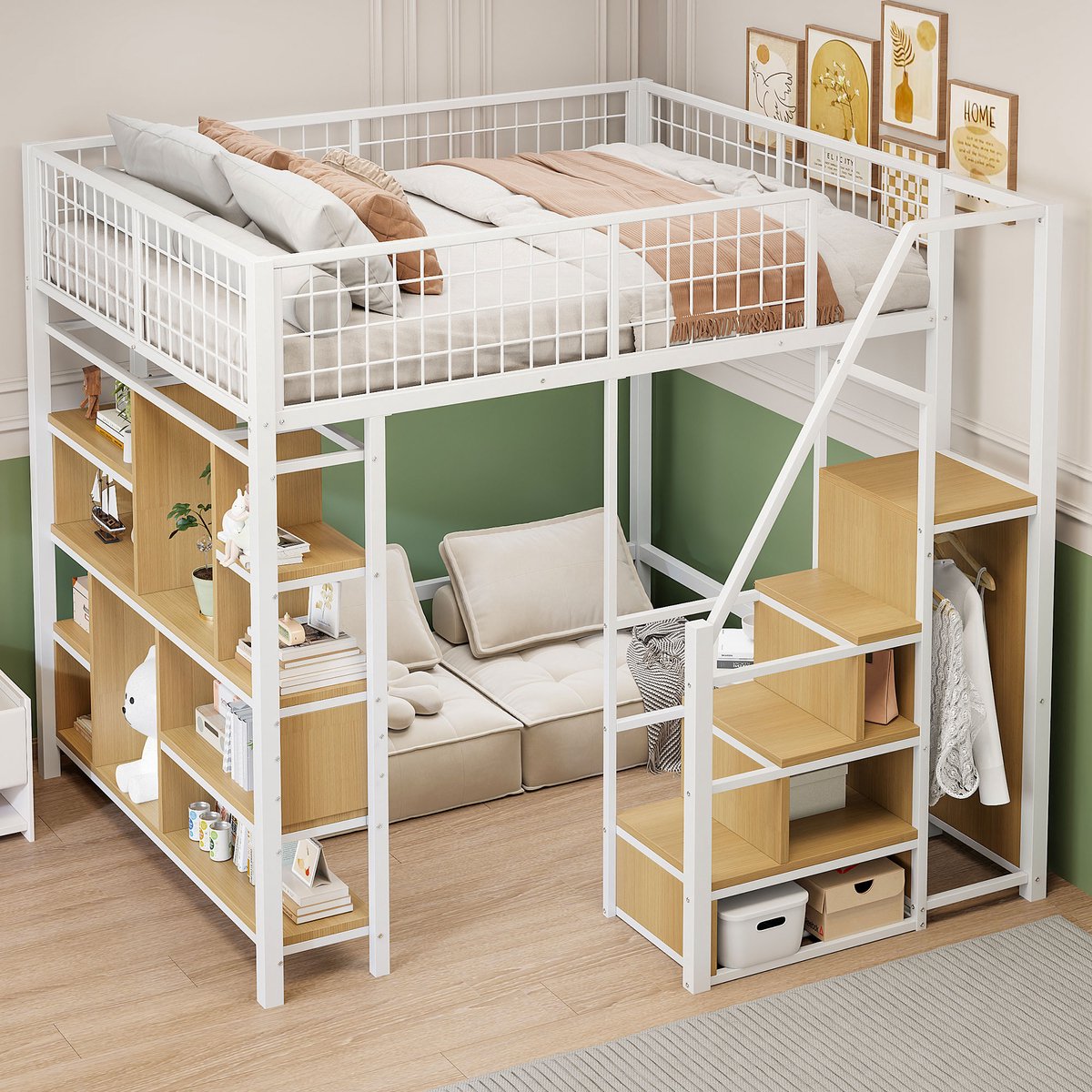 Metalen hoogslaper 140x200 cm - met opbergtrap en geïntegreerde kasten - wit - multifunctioneel voor volwassenen en kinderen - ruime vrije zone onder het bed voor een werkplek of lounge