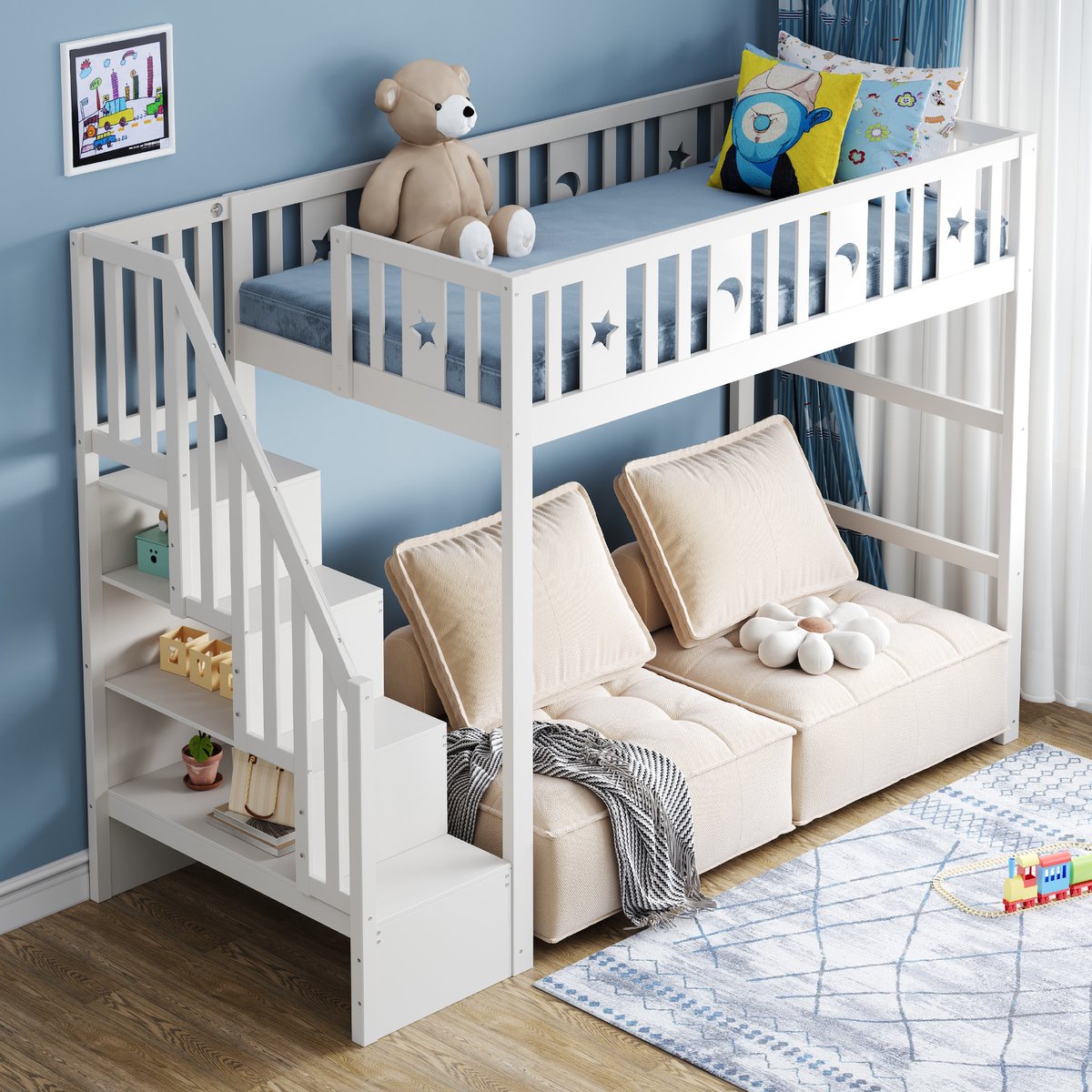 Kinderhoogbed 90x200 cm - met opbergtrap en zitgedeelte - eenpersoons - wit - veiligheidsrek met ster- en maanmotief - massief grenen frame