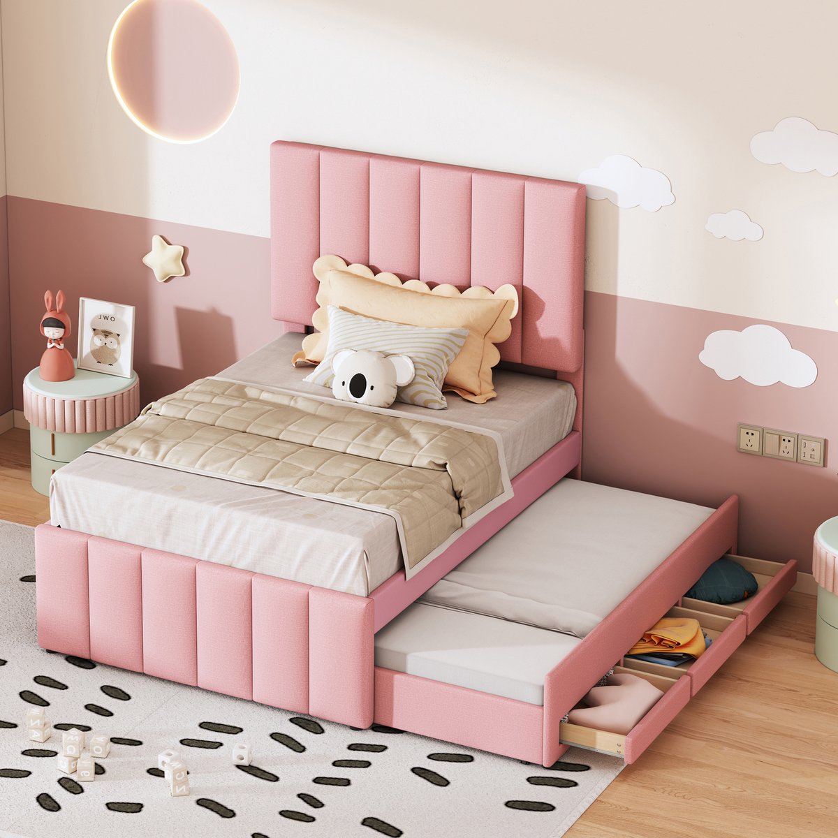 Gestoffeerd bed met uitschuifbaar rolbed en 3 lades - 90x200 cm - Roze - Ademend linnen - Verstelbaar hoofdeinde - Max. 150 kg - Geschikt voor kind, tiener en logé